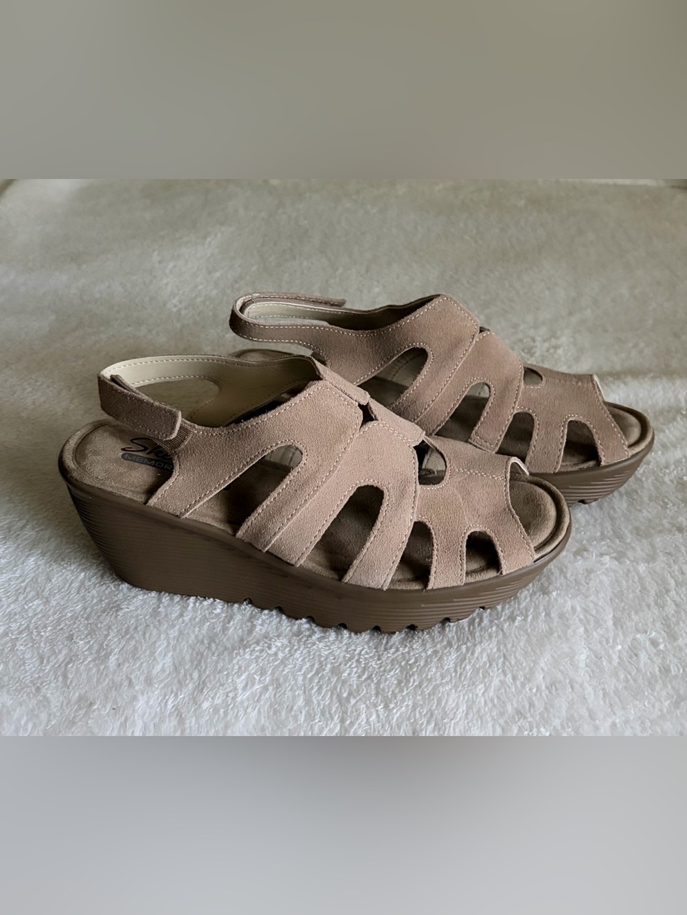 Skechers Taupe Suede Cutout Platform Slingback Sandals